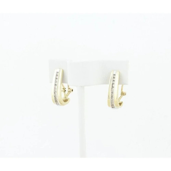 10k Yellow Gold & White Gold Diamond Hoop Earrings Omega Back - Picture 3 of 8